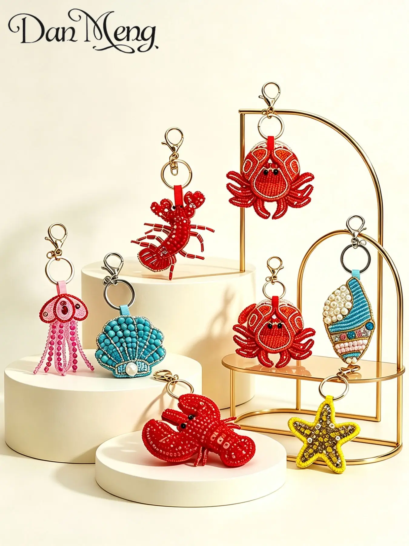 Handmade Colorful Beaded Ocean Keychain, Jellyfish Crab Lobster Shell Starfish Backpack Decor, Cute Animal Pattern, All Seasons Accessory