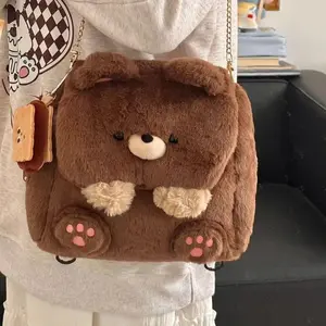 Cute Plush Bear Cartoon Backpack, Large Capacity Storage School Bag, Versatile Convertible Crossbody Daypack, Soft Animal Print Bookbag for Daily School Travel & Casual Outings