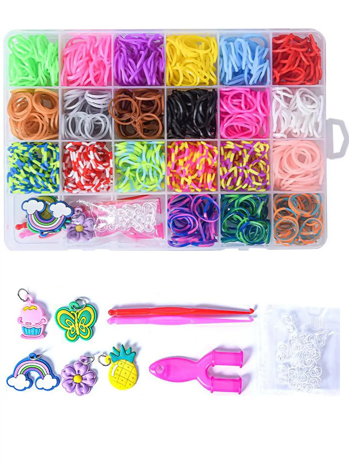 1300pcs DIY Jewelry Making Kit, 21 Colors, 24-Compartment Box, Loom Bands, Rubber Bands, Bracelet Set, Random Colors