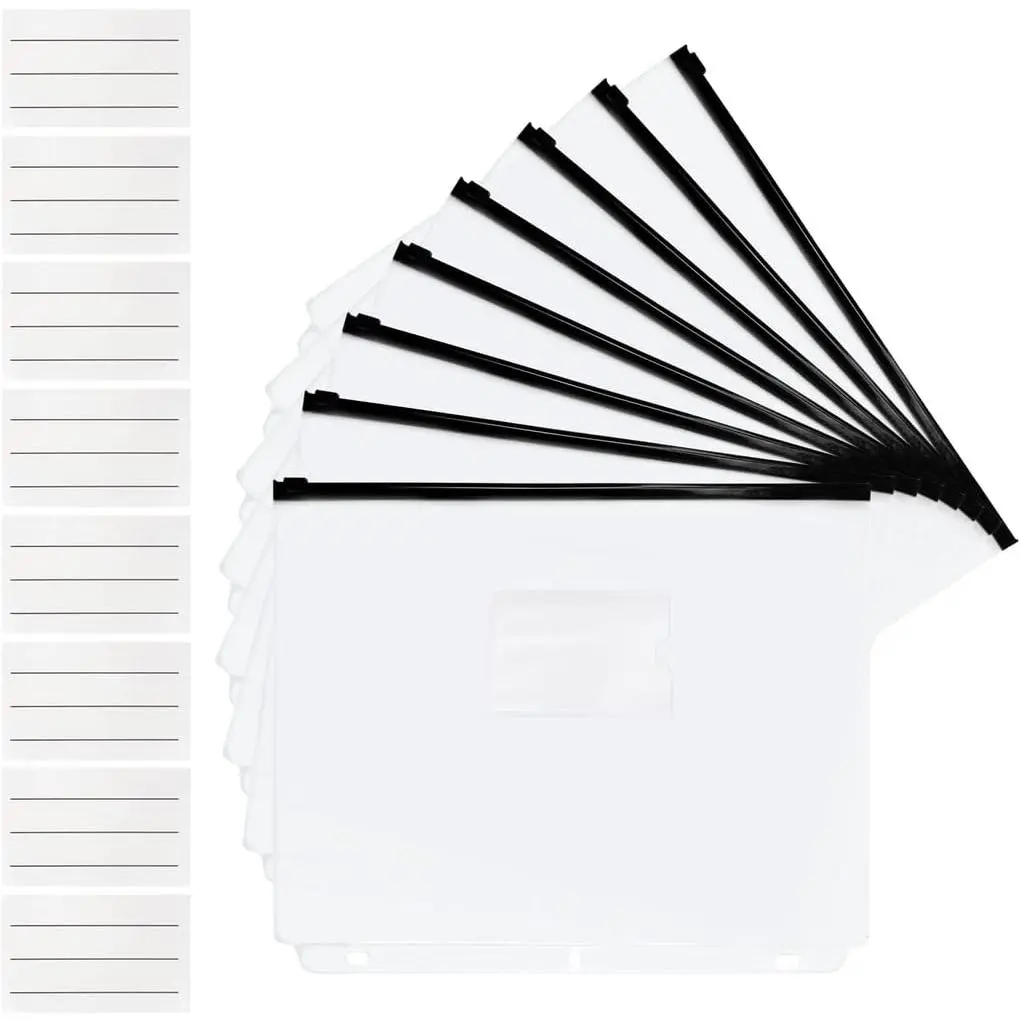 8 Pack Zipper Binder Pockets for 3 Ring Binders, Black | Letter-size PVC pockets with card slots, 3-hole, clear design and zipper closures for organizing documents.