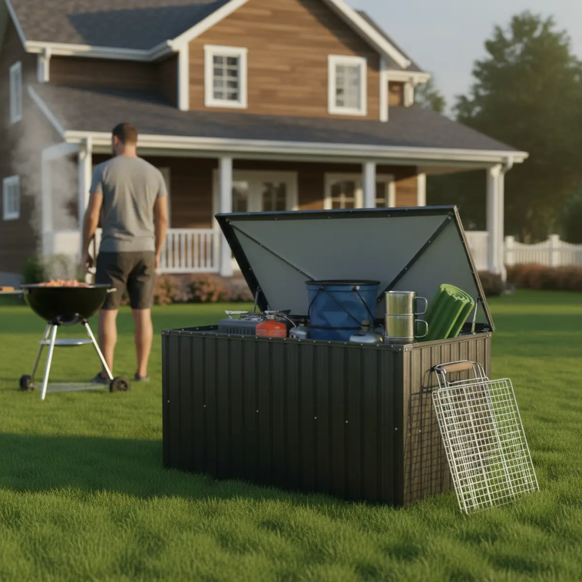Aobtkel Classic Rectangular Outdoor Metal Storage Toolbox (Medium) - Water Repellent, UV-Resistant, Solid Construction, Assembly Required, Clever Storage, Ideal for Terrace, Garage