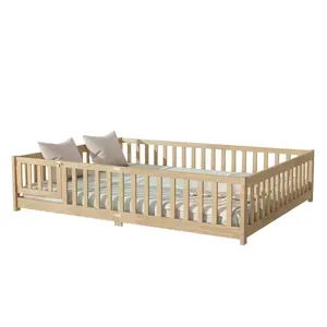 Aobtkel® Queen Size Montessori Toddler Floor Bed - Rubber Wood Frame with Safety Fence, Door & Guardrails, Natural Finish (Old Sku W504P286389)
