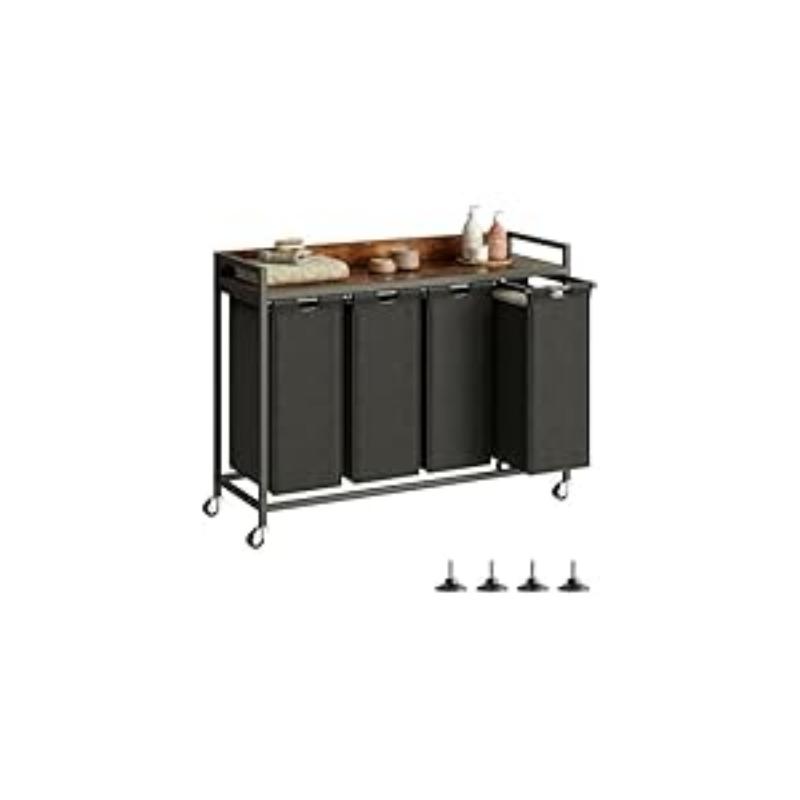 Laundry Hampers with Shelf, Laundry Basket 3 Section, Laundry Sorter with Pull-Out Removable Large 3 Color Bags and Movable Wheels, Metal Frame, 3 x 15.87 Gallons (60L), Rustic Brown PF04XLN