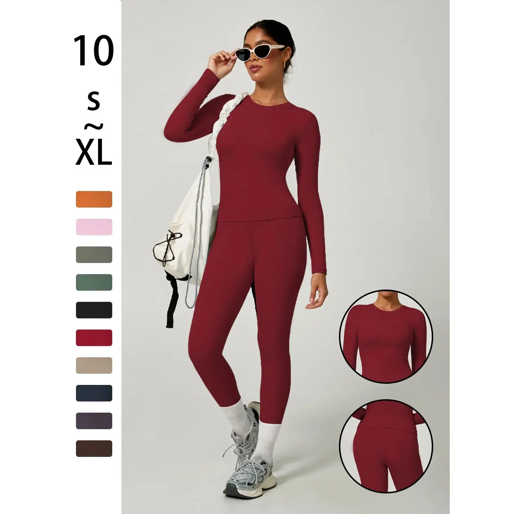 Women's Plain Long Sleeve Top & Pants Set, Comfortable Tight-Fit Kardashian Style, Perfect for Yoga Home Gym Daily Wear, Yoga Gym Outfits