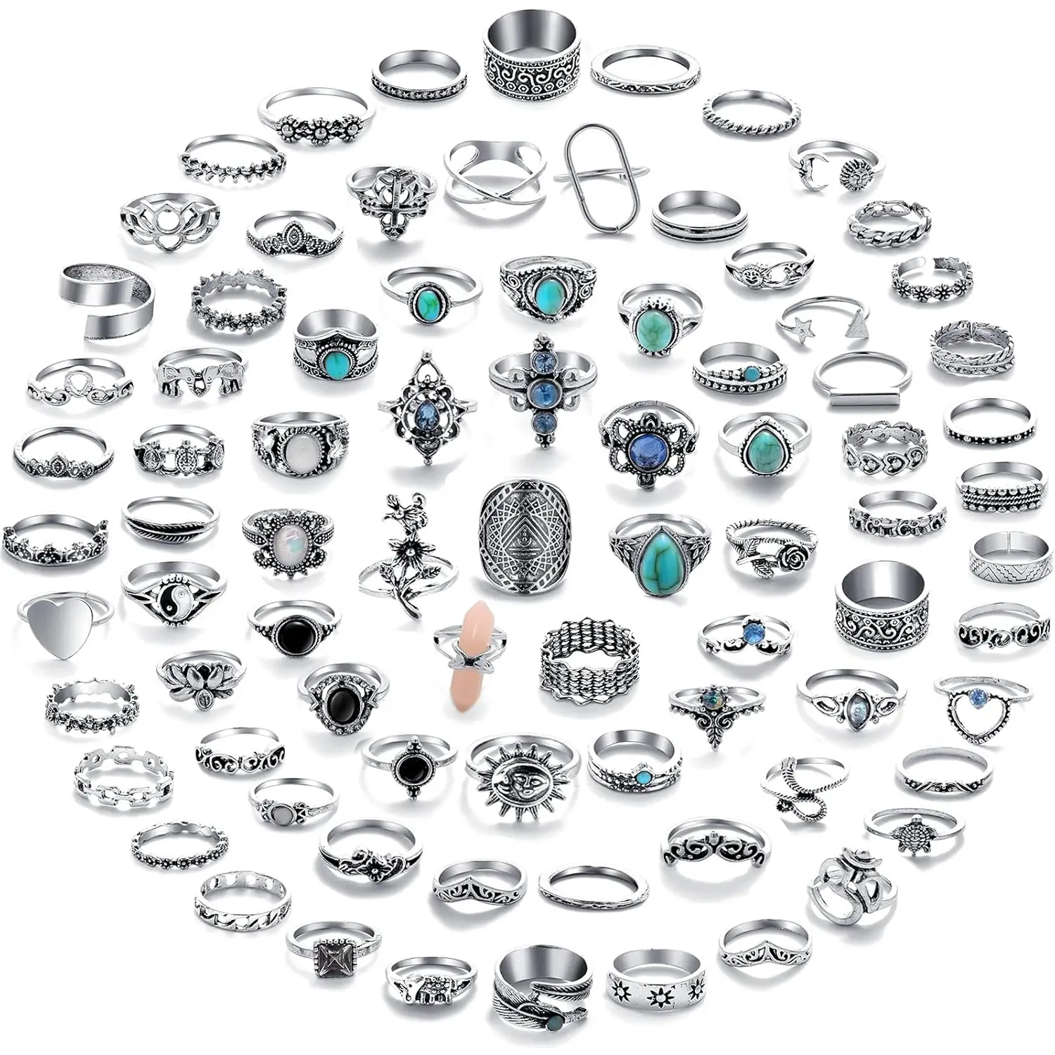 82pcs Vintage Silver Tone Knuckle Rings Set for Women, Bohemian Stackable Joint Finger Rings, Retro Stone Stacking Midi Rings Pack for Daily Party Travel Boho Gift