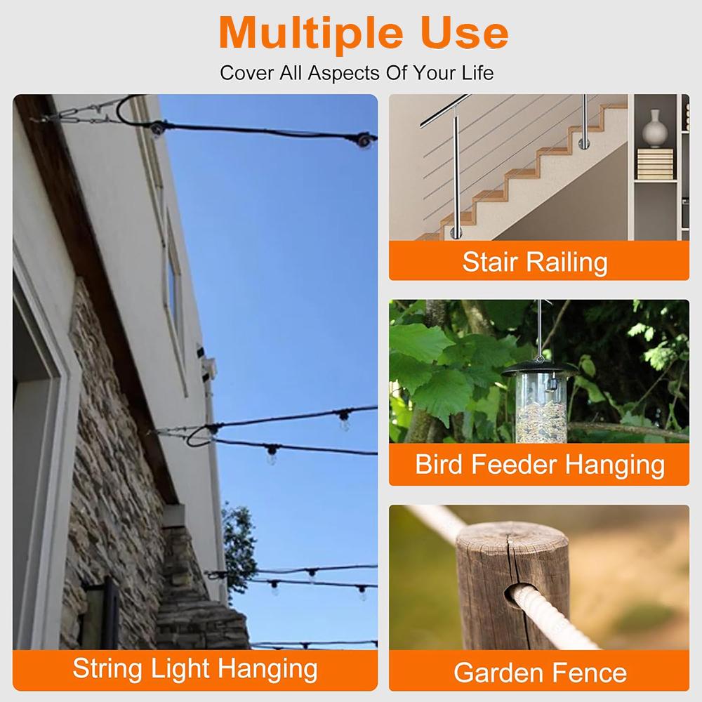 393.7inch Wire Rope 304 Stainless Steel Cable Aircraft Cable 1.2/1.5/2.0mm Wire Rope With Buckle Clip 7x7 Stainless Steel Strand Core And Double Barrel Ferrule Perfect For Outdoor Hanging, Clothes Line Wires, Garden Fence