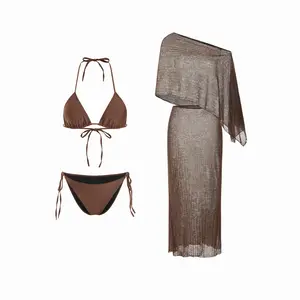 Cider Halter Neckline Triangle Tie Side Bikini Set with Poncho Top & Maxi Skirt Cover Up