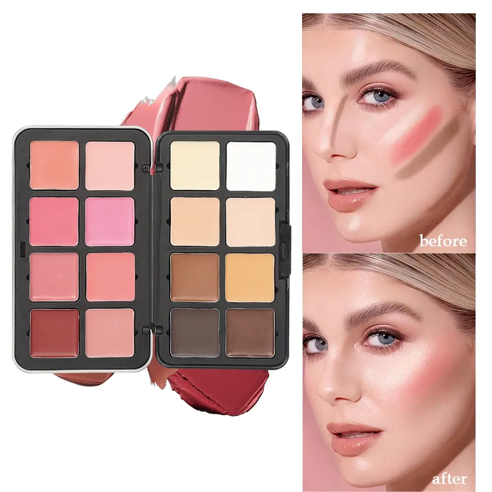 16‑Color Cream Makeup Palette, Multi‑Functional Face Cream Concealer Contour Highlight Blush Palette, Moisturizing Cream Blush Contour Palette for Full Face Makeup