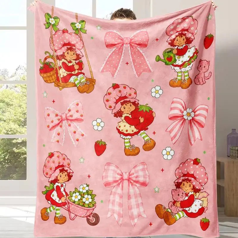 Countdown Sale! Strawberry Shortcake Retro Flannel Throw Blanket, cooling blankets cooling blanket blankets quince bedding, Soft Pink Cottagecore Cute Cozy Blanket For Lazy Days Bedroom Sofa Decor Thoughtful Holiday Gift For Daughter Niece Cartoon Fans
