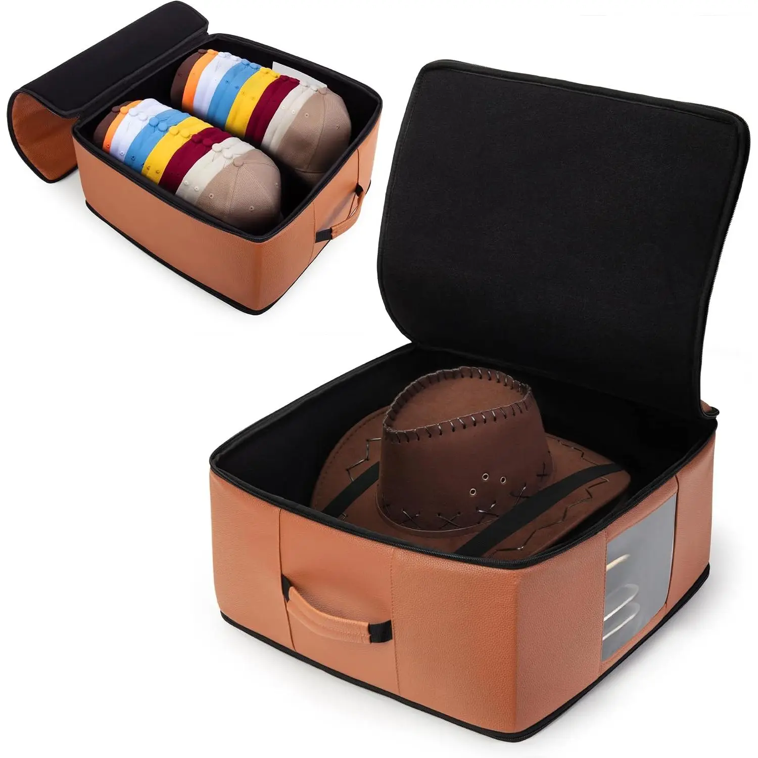 Vegan Leather Hat Box for Cowboy & Wide-Brim Hats, Fits 2-5 Hats up to 16" Wide or 24-30 Baseball Caps, Crush-Resistant Padded Storage Case for  or Travel - Frame Series, Brown