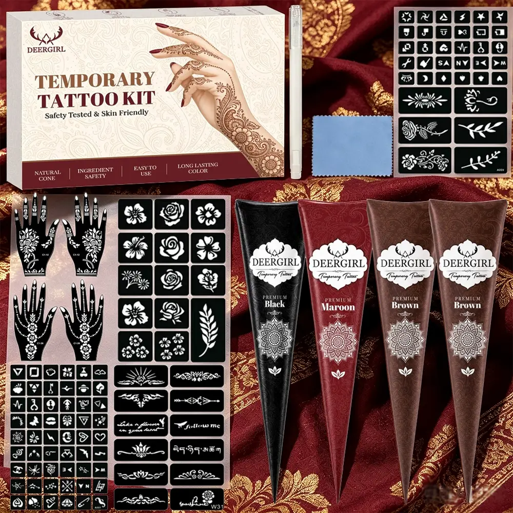 Henna Tattoo Cone Set, Multiple Color Options Plant Based Drawing Paste, Full Set Palm Mandala Floral Letter Stencils With Scissors & Cleaning Accessories, Beginner Friendly, Skin Friendly, Safety Tested At-home DIY Ethnic Temporary Tattoo Gift Box