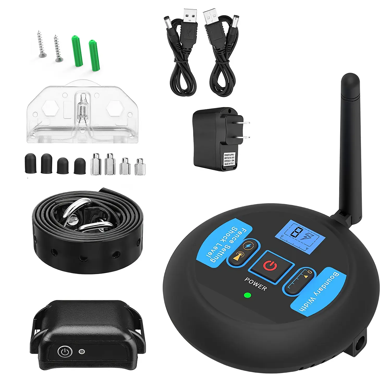 Wireless Electric Dog Fence Containment System - ABS Plastic, USB Charge (2 USB Cables), Waterproof, 0-8 Shock Levels, 131ft-722ft (220m) Adjustable Boundary, Beep Alerts, Training Collar (1 Receiver, 1 Transmitter) for Dogs (Garden Use)