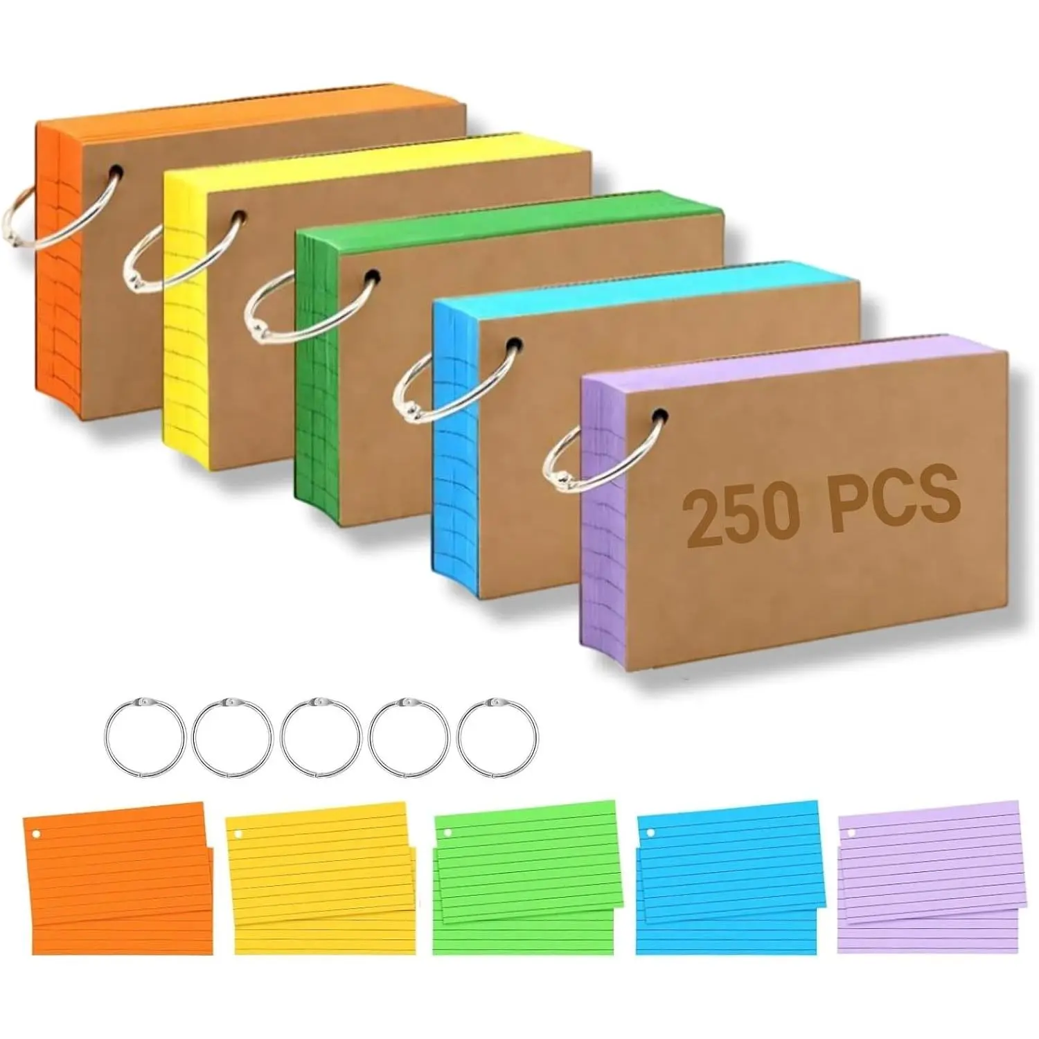 3x5 Inch Colorful Index Cards, Heavy Duty Neon 250 Sheets Lined Flashcards for Studying, Office &  Use (Multicolored with Ring B)