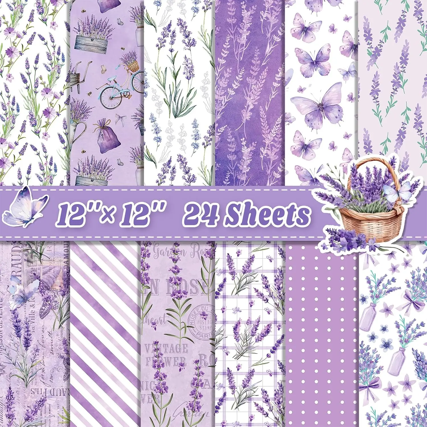 24 Sheets Lavender Scrapbook Paper 12''×12'' Double-Sided  Paper |  Floral Butterfly Decorative Decoupage Cardstock for Craft Card Making Scrapbooking Supplies