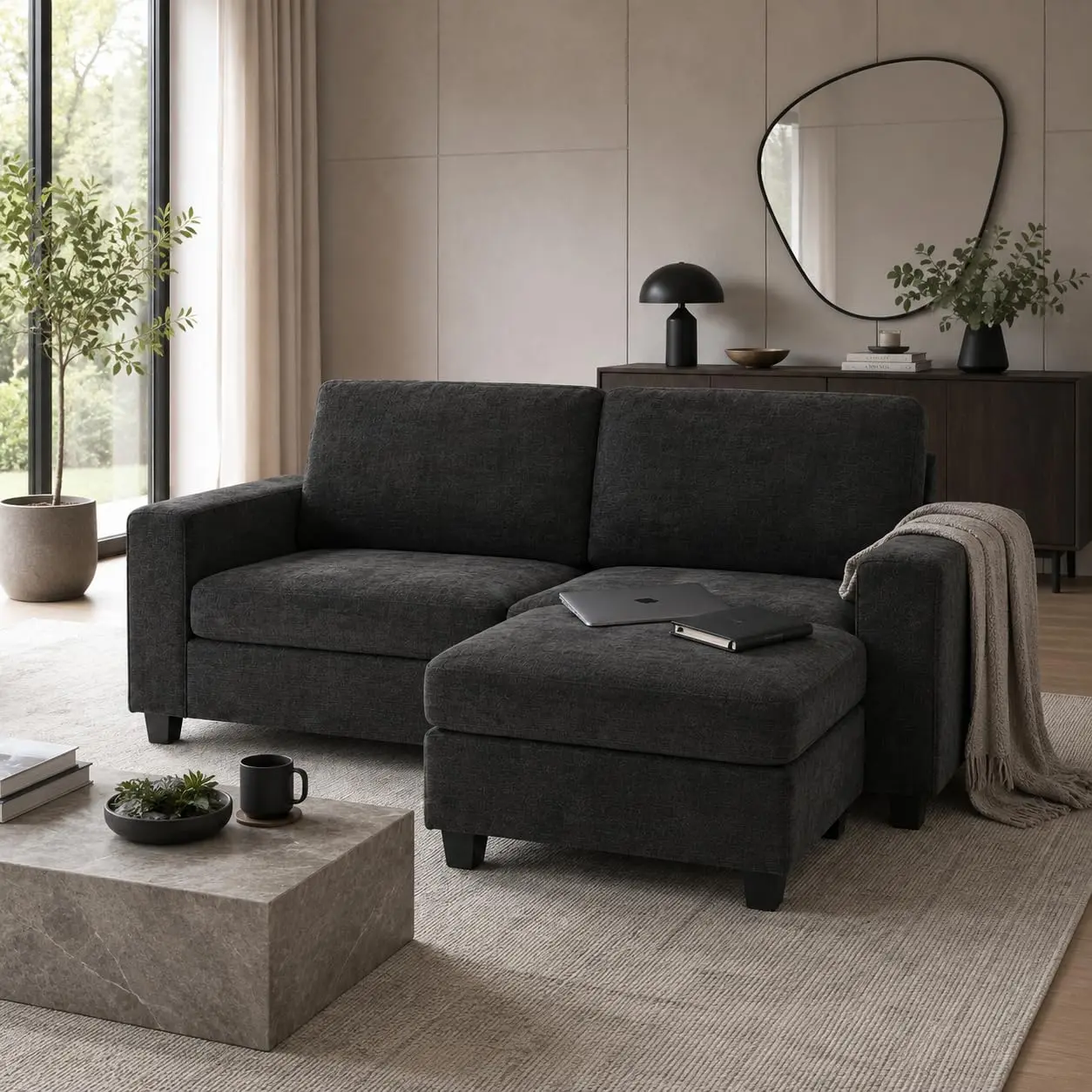 Garvee L Shaped Sectional Sofa with Ottoman, Small Couch for Living Room