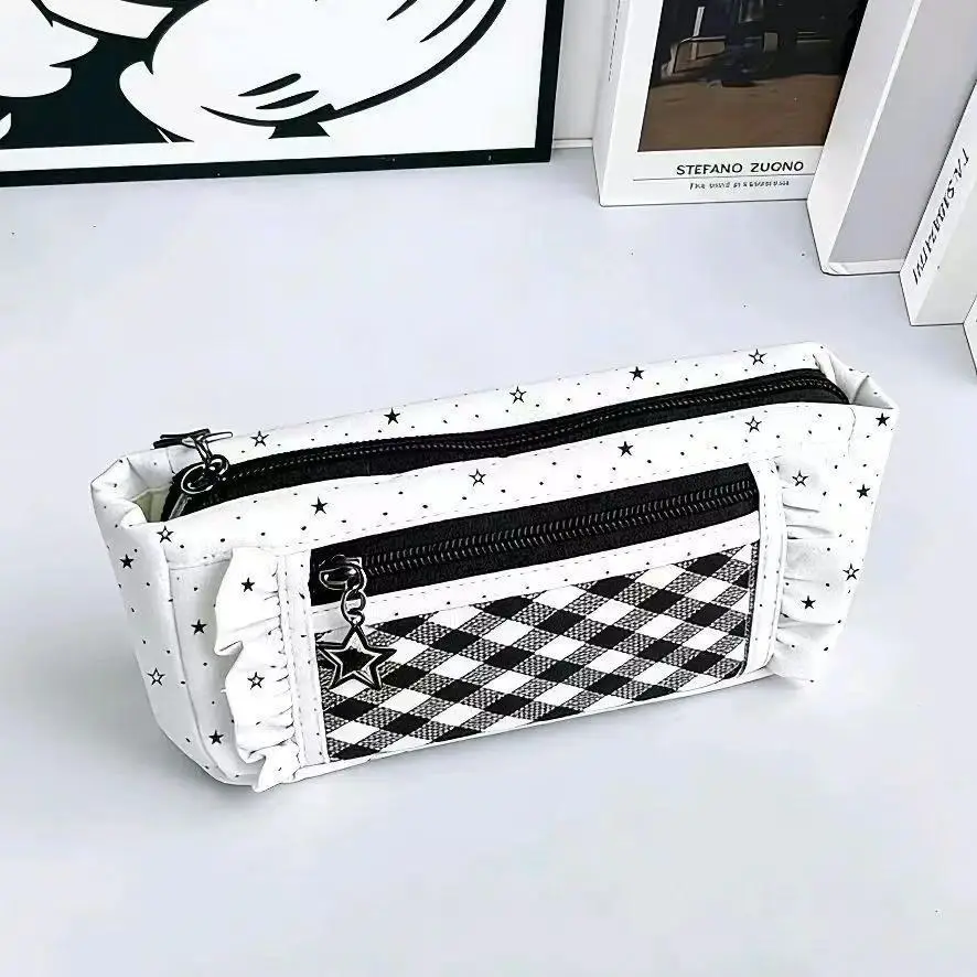 Aesthetic Pencil Case with Star Charm, Kawaii Plaid Double Zipper Pen Pouch, Large Capacity Stationery Organizer with Clear Window, Cute School Supply Bag for Students, Desk Storage & Travel Essentials sohochic