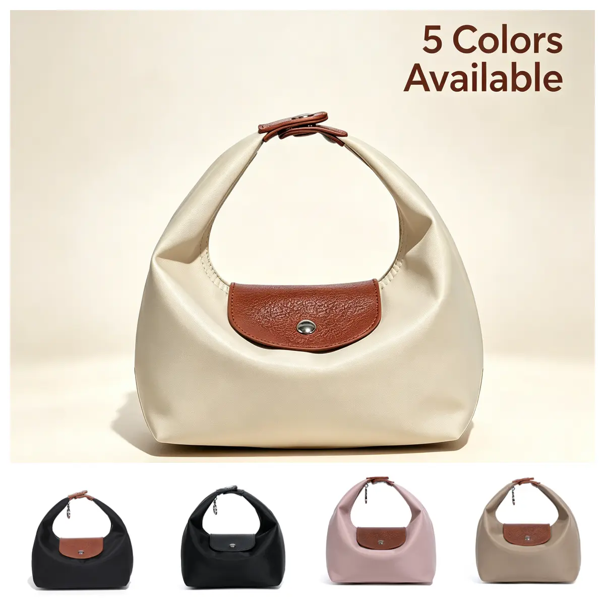 Mini Dumpling Hobo Handbag for Women, Nylon Leather Trim Crescent Underarm Bag Lightweight Portable Top Handle Purse Multi Color Daily Casual Shoulder Bag for Shopping Travel