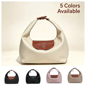 Mini Dumpling Hobo Handbag for Women, Nylon Leather Trim Crescent Underarm Bag Lightweight Portable Top Handle Purse Multi Color Daily Casual Shoulder Bag for Shopping Travel