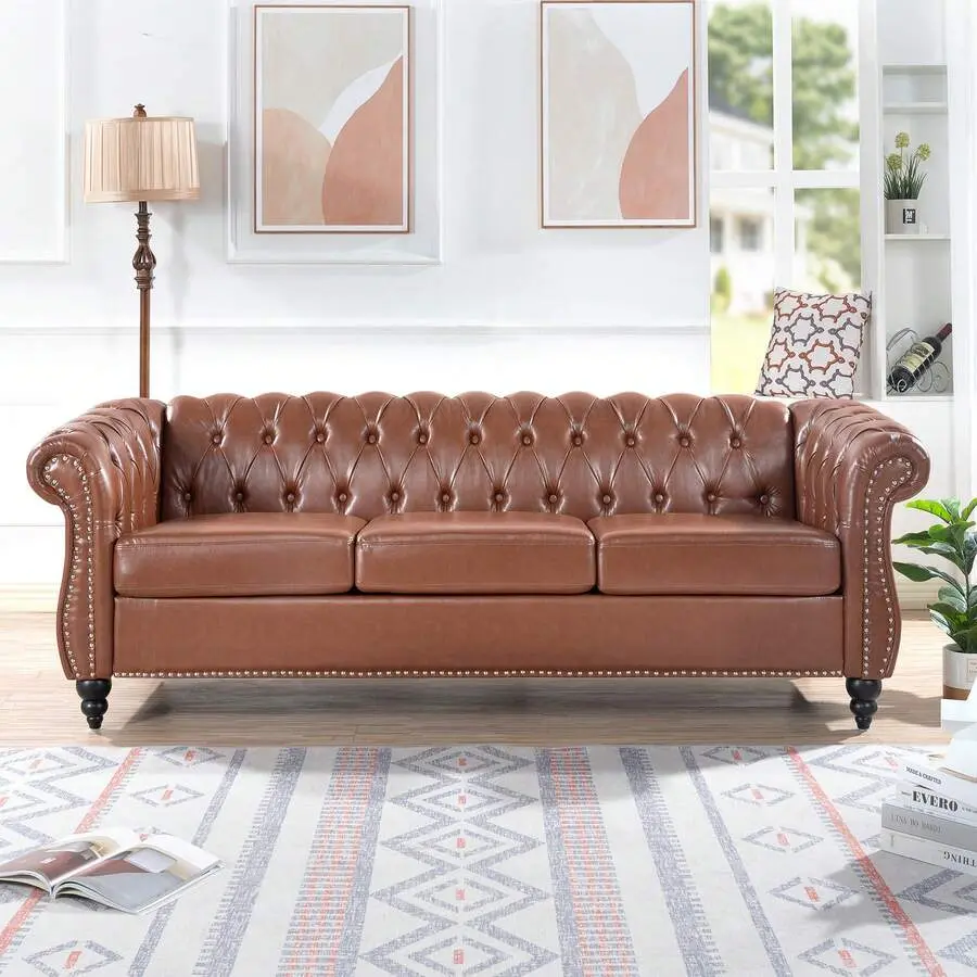 80" Width European Modern 3-Seater Chesterfield PU Leather Sofa - 30"d x 80"w x 29" Ergonomic Household Couch, Classic Tufted Deep Button Upholstery, Sturdy Frame, Rolled Arms, Clean Look, Easy to Maintain, Living Room Use, Comfy Couch