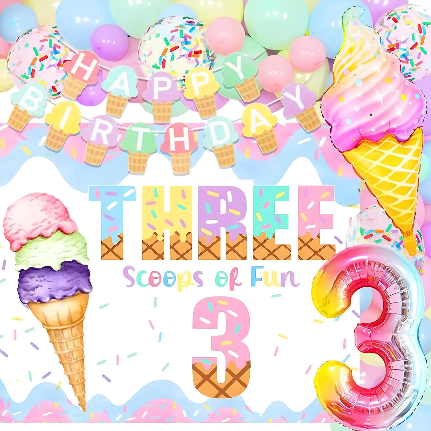 3rd Birthday Ice Cream Theme Party Decor Kit for Girls - 3 Scoops of Fun Balloon Fairy Set, Sweet Festive Children's Party Supplies Gift