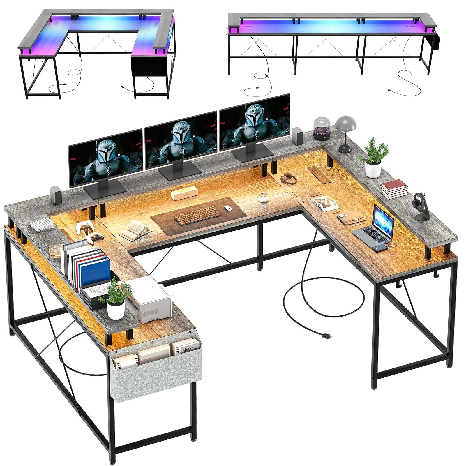 Reversible l Shaped Gaming Desk with Power Outlet & LED Lights, Adjustable Feet Computer Desk l Shape, Two Person Desk with Storage Hook & Side Pocket