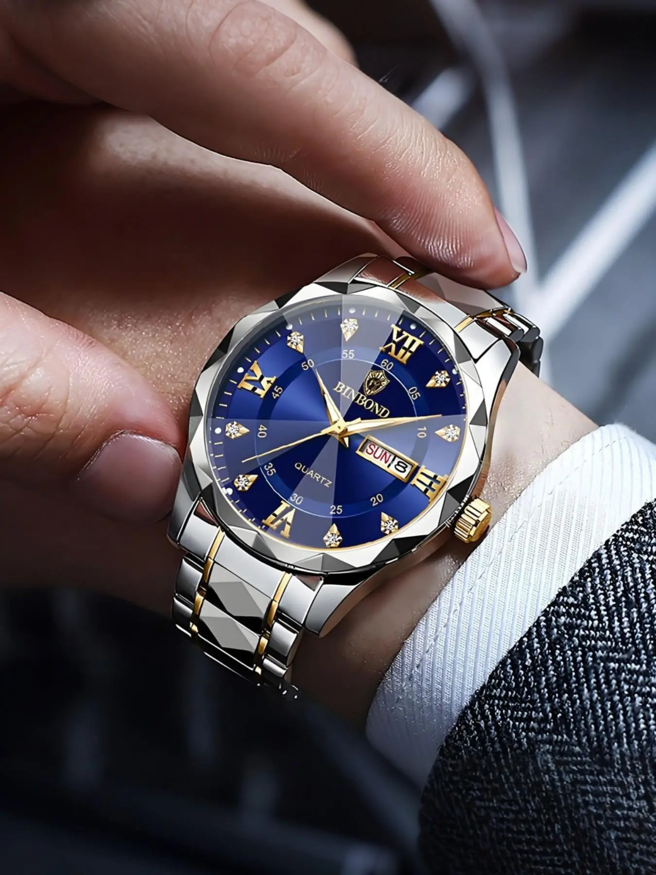 Men's Waterproof Luminous Watch, Dual Calendar Quartz Watch, Casual Business Wristwatch, Diamond-Shaped Case Back, High-End Fashion Business Wristwatch