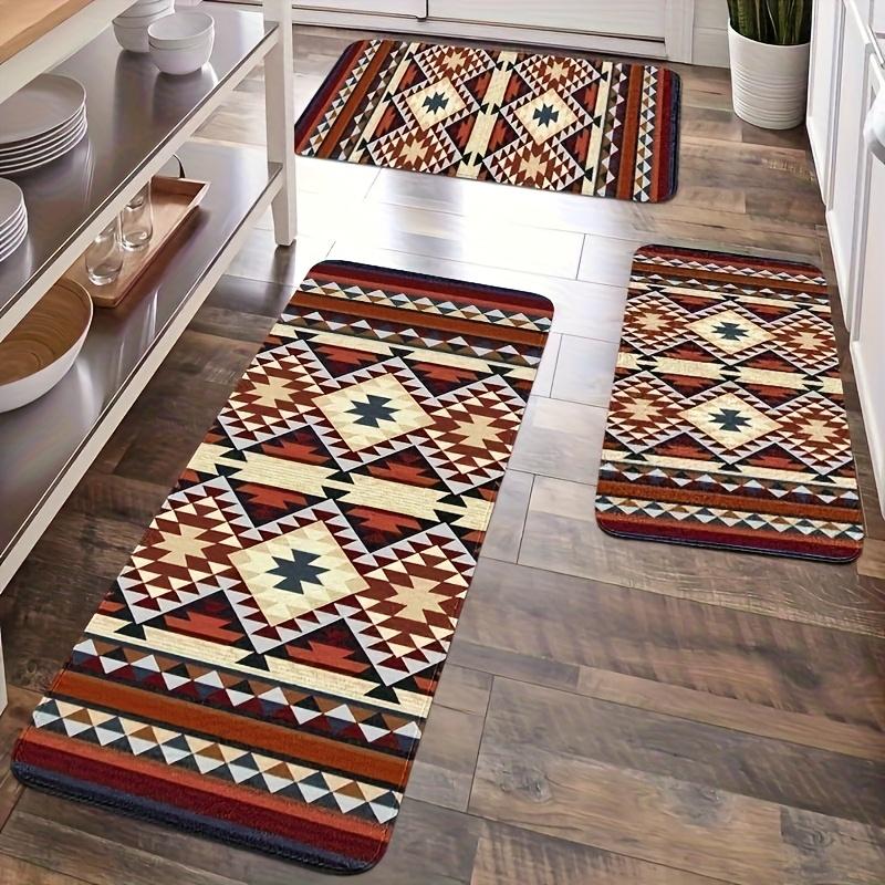 3-Piece Set Bohemian Kitchen Mat, Indian Indigenous Carpet, Totem Carpet, Kitchen Mat, Velvet Material, Suitable for Bedroom, Living Room, Dining Room, Kitchen, Bathroom, Entrance Carpet Mat