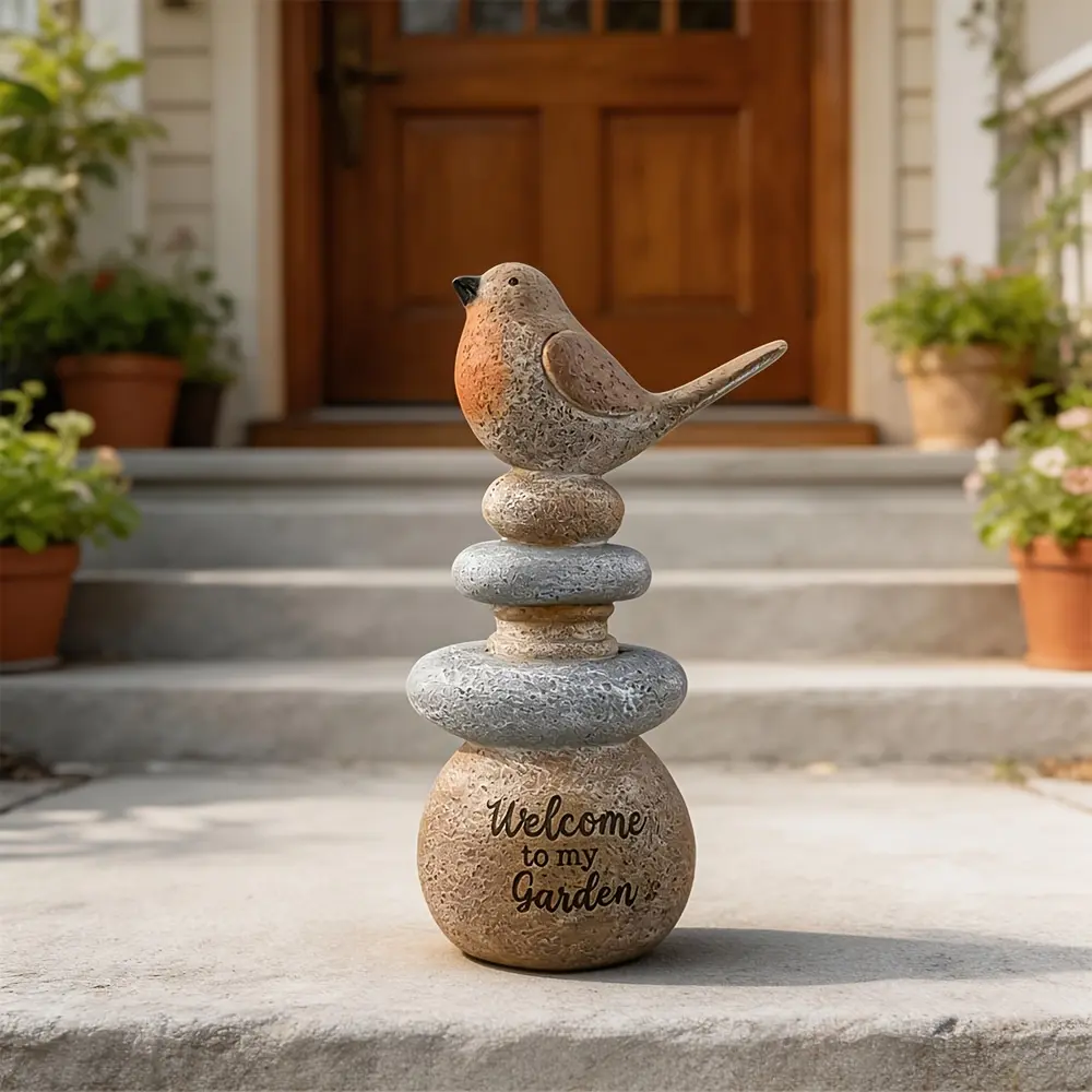 Contemporary Unlit Resin Garden Bird Statue - Floor-Mounted on Stacked Stones, Outdoor Decor Ornament, Home Decor Gift Ideas for Garden Spaces