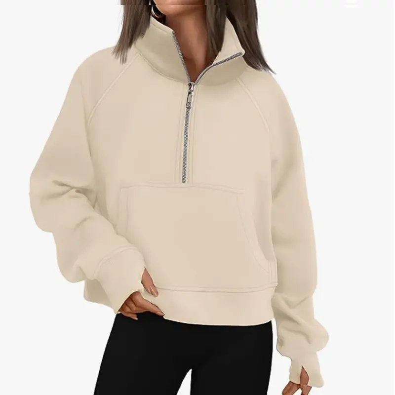 2026 popular fashion shoulder-sleeve women's half-zip fleece sweatshirt