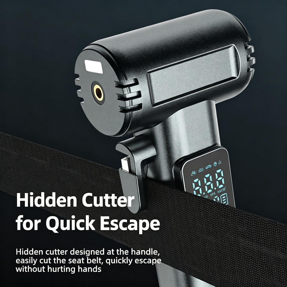 Portable Cordless Tire Inflator with Emergency Tools - 12V Wireless Car Air Pump, Digital Pressure Gauge, Power Bank, Safety Hammer & Seatbelt Cutter, Rechargeable Tire Pump for Cars, Bikes, SUVs Reusable