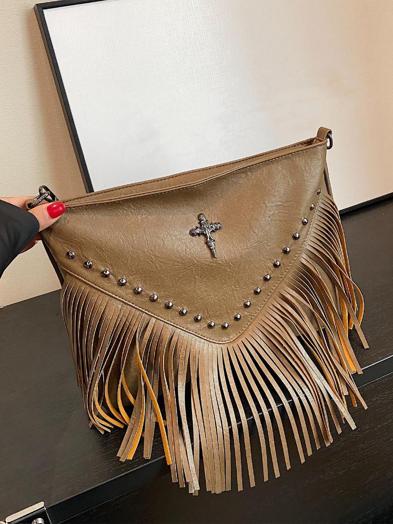 Women's Street Style Vintage Cross Design Crossbody Bag, Chic Crossbody Purse, Trendy Tassel Design Plain Color Crossbody Bag, Chic All-match Crossbody Bag for Daily & Work Use, Vintage Shoulder Bag