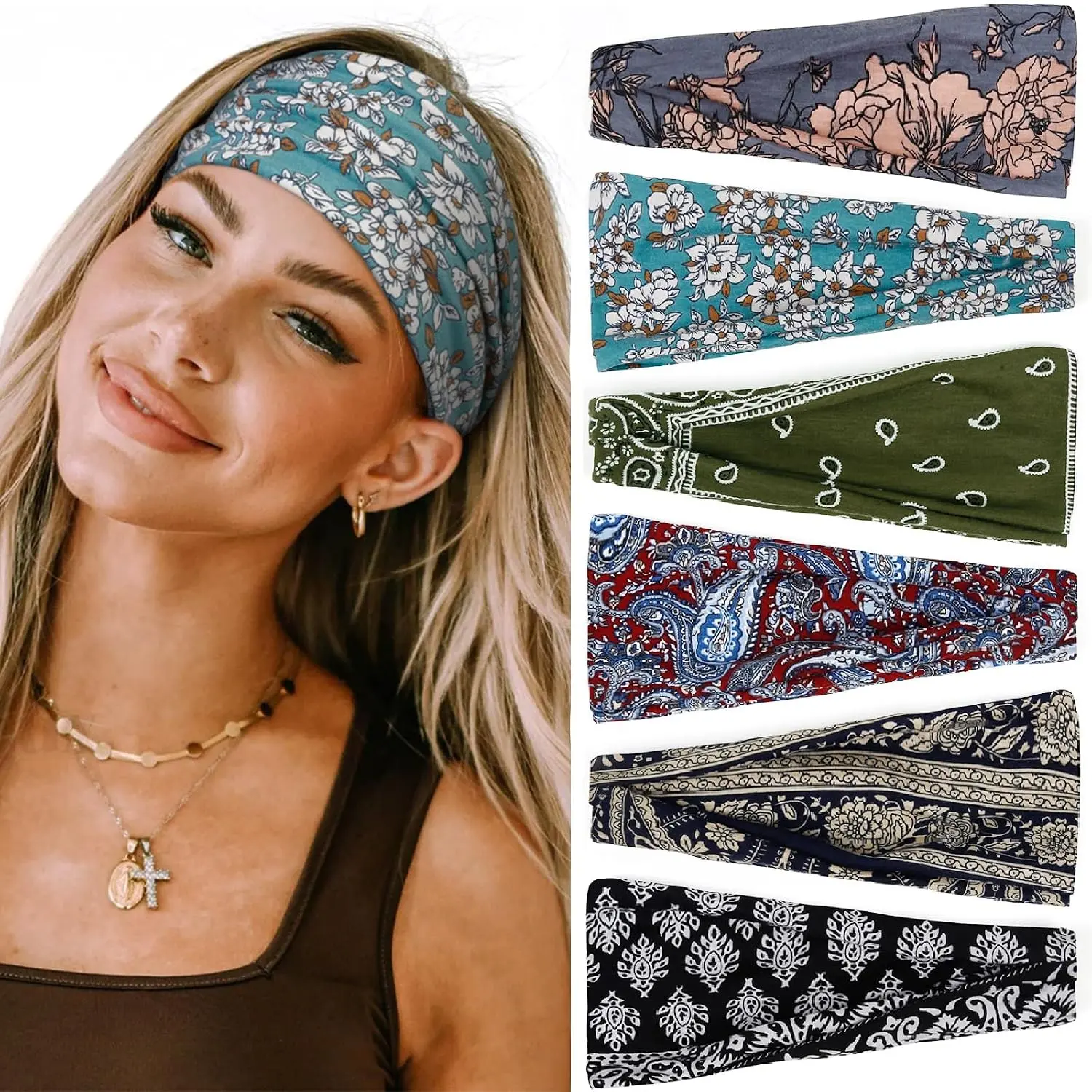 Headbands for Women Boho Elastic Hairbands for Women’s Hair Non Slip Wide Thick  Band Fashion Soft Fabric Woman Headbands Short Hair Accessories for Women 6 Pack