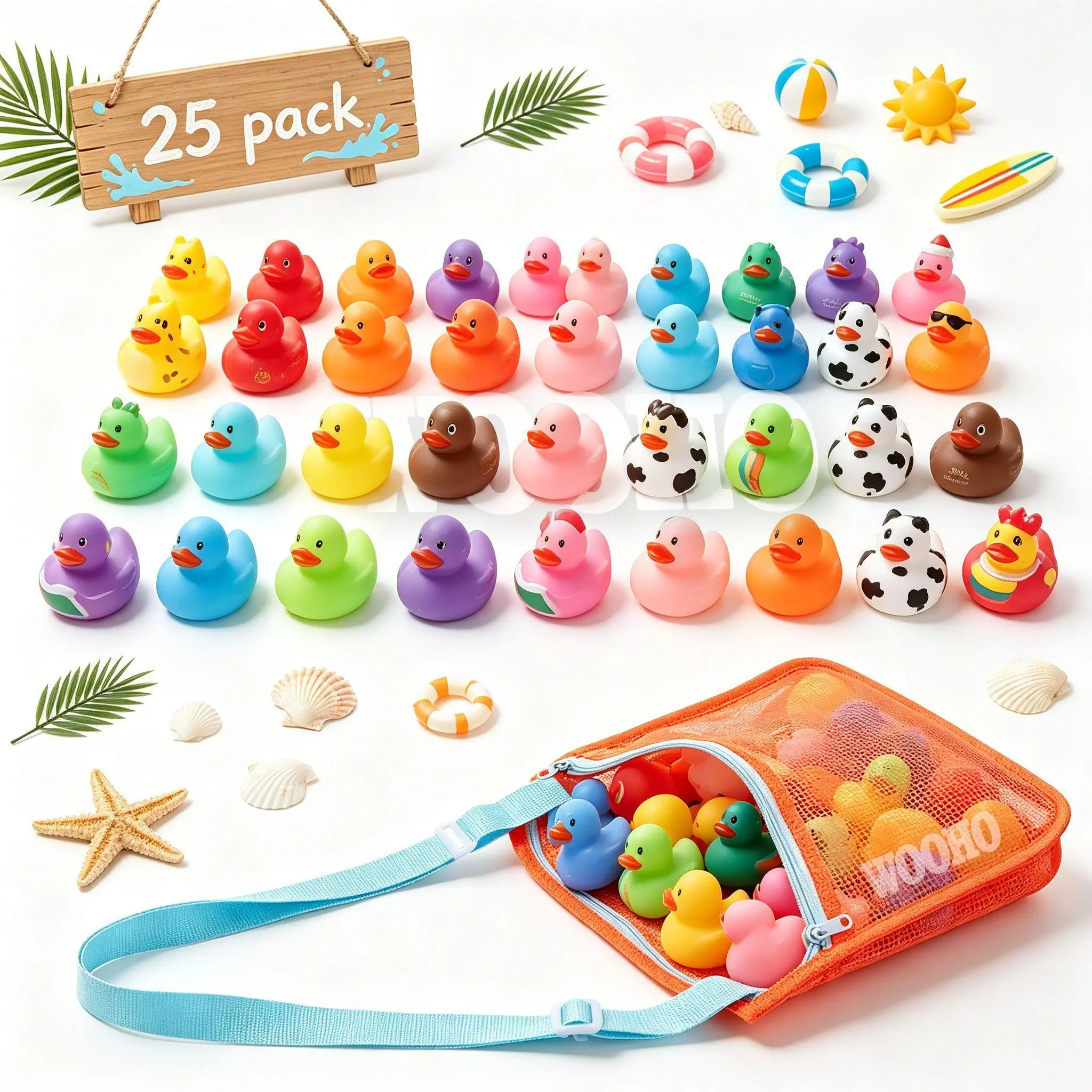 Assorted Mini Rubber Ducks Bulk Set, 25/50/100 Pack Random Styles with Mesh Storage Bag, 2 Inch Floating Duck Bath Toys for Toddlers, Summer Pool Party Favors & Kids Birthday Gifts