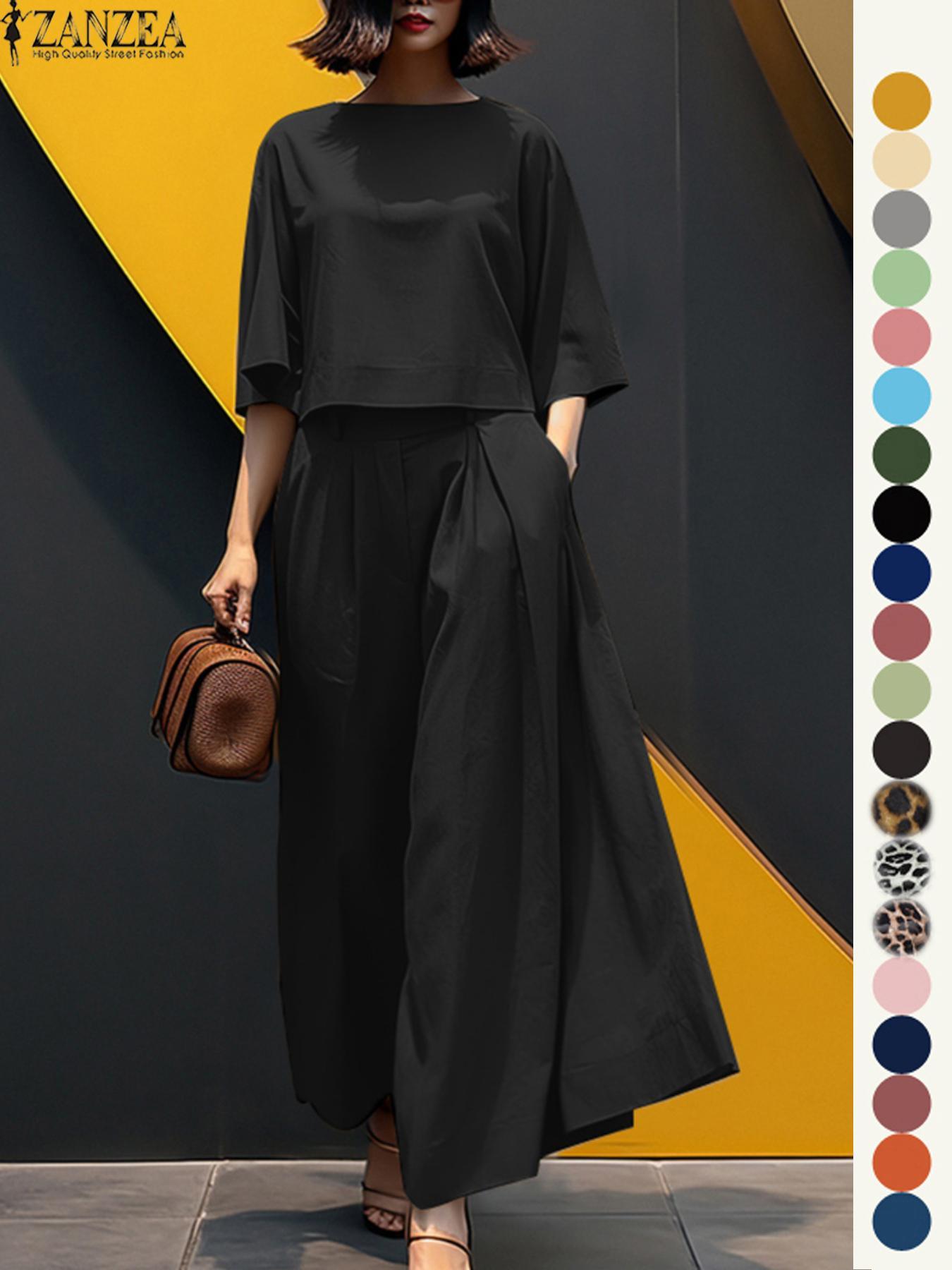 Women's Top & Wide Leg Pants Two-piece Set, Casual Fashion Minimalist Cozy Three Quarter Length Sleeve Top & Trousers for Daily Outdoor Wear, Ladies Clothes for All Seasons, Womenswear