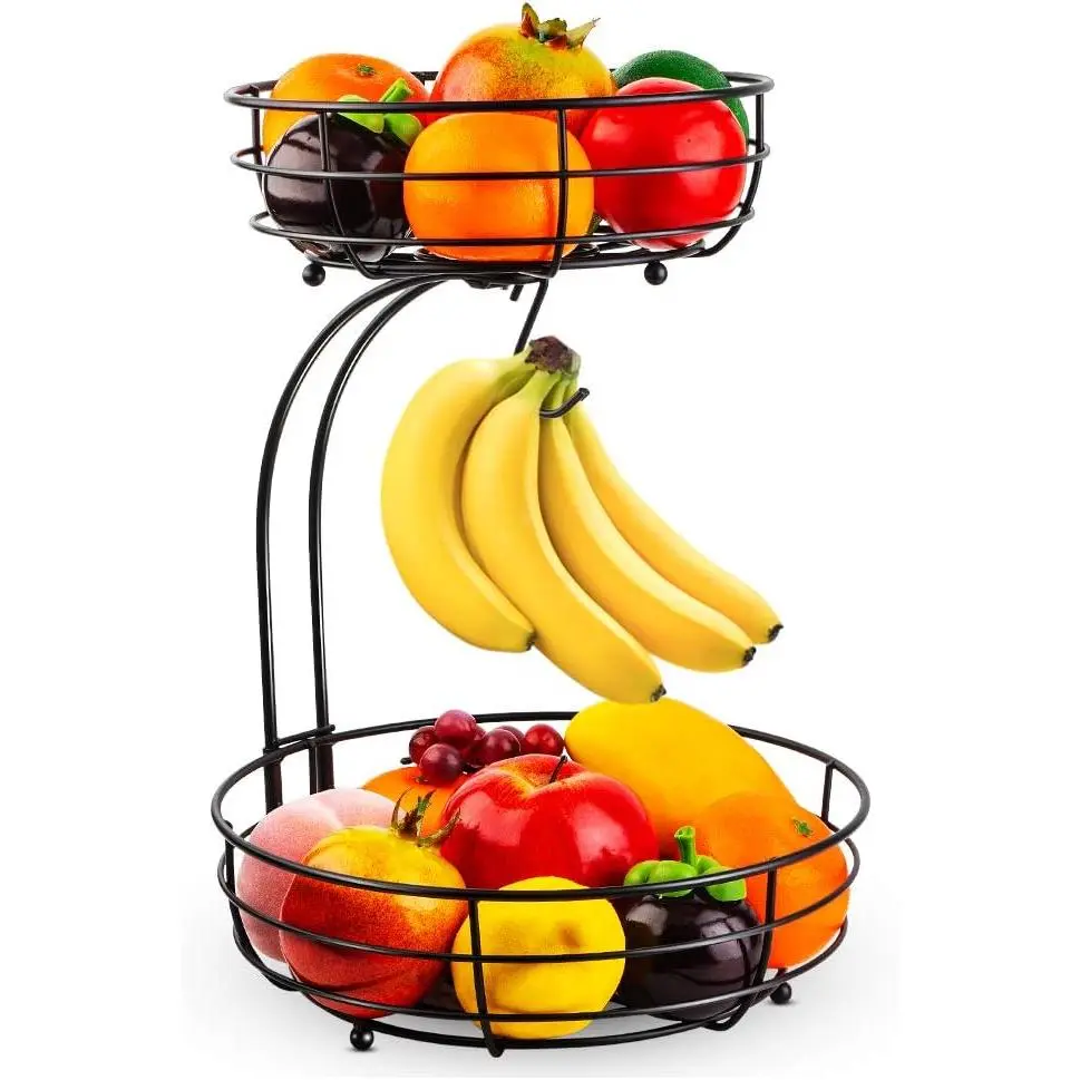 Iron 2-Tier Countertop Fruit Vegetables Basket Bowl Storage With Banana Hanger, Black, 64 ounces,shoe,sink,rack