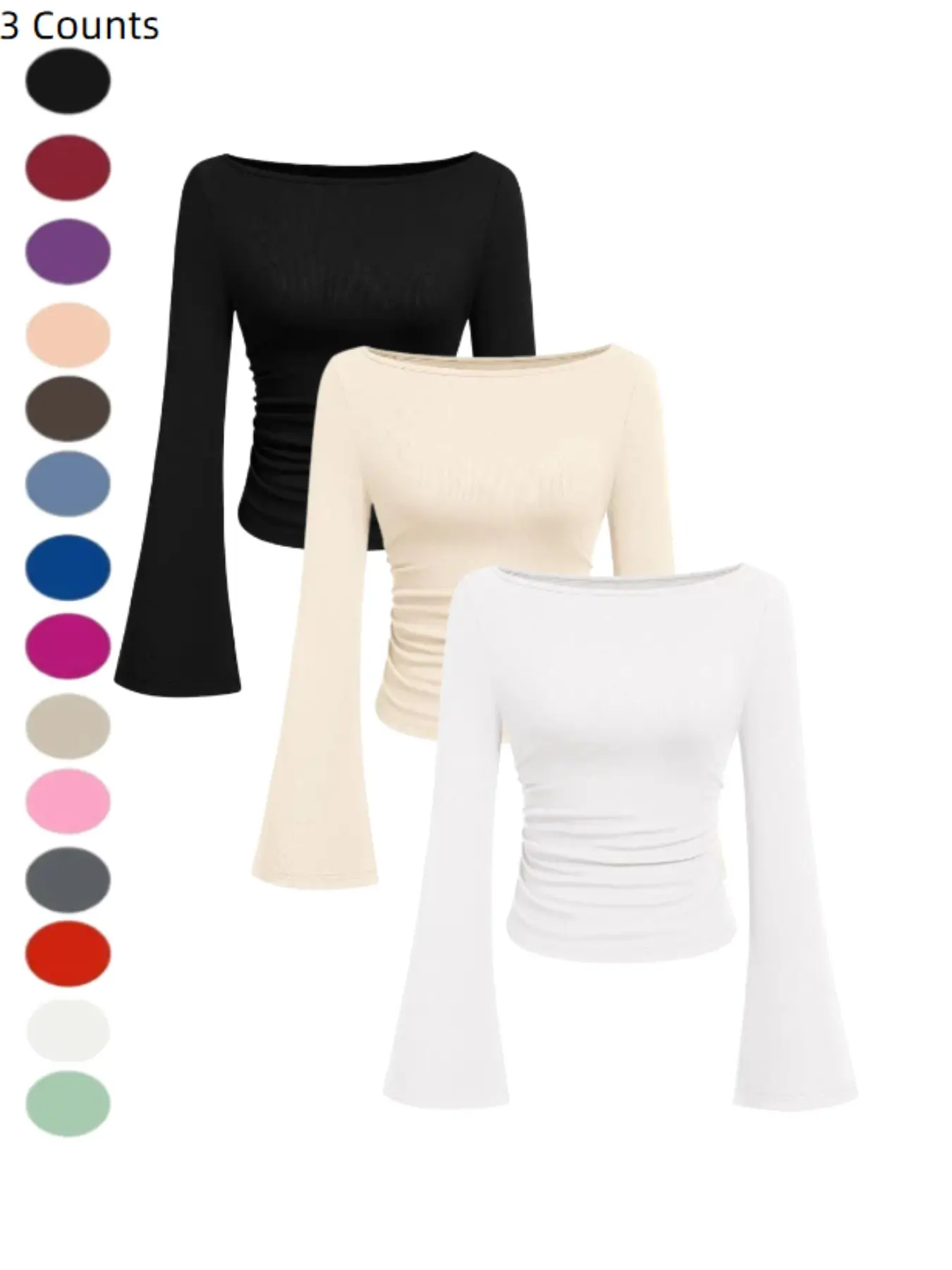 Women's Solid Color Boat Neck Flared Sleeve T-Shirt, Slim Fit Wrinkle-Resistant Top, Long Sleeve Fashionable Shirt for Daily Wear Everyday