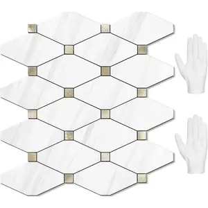 10 Sheets Peel and Stick Dolomite Mosaic Tile, White Marble Look PVC Mixed Metal Gold Kitchen Backsplash for Fireplace, RV