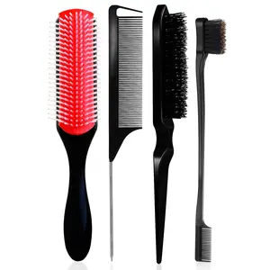 4 Pcs Detangling Brush Set Cushion Nylon Bristle Brush with 3 Pcs Slick Back Hair Set Slickback Brush Bristle Edge Control Teasing Comb, For Combing and Shaping in All Hairstyles to Reduce Pulling-Unisex