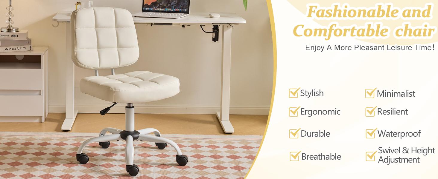 VINGLI Compact Small Desk Chair, Cute Armless Chair with Wheels, Vanity Chair with Low Back, Height Adjustable Task Chair for Small Spaces, Office, Bedroom, Make Up Room, PU Leather, White