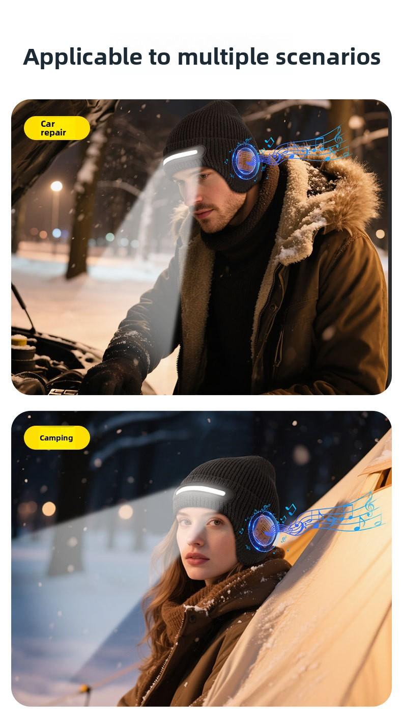 New USB Charging Light-Up Bluetooth Headphone Hat Outdoor Warm Knitted Ear Protection Hat Wireless Music Colorful Light Design Unisex Fashionable Casual Flashlight Hat for Christmas Holidays