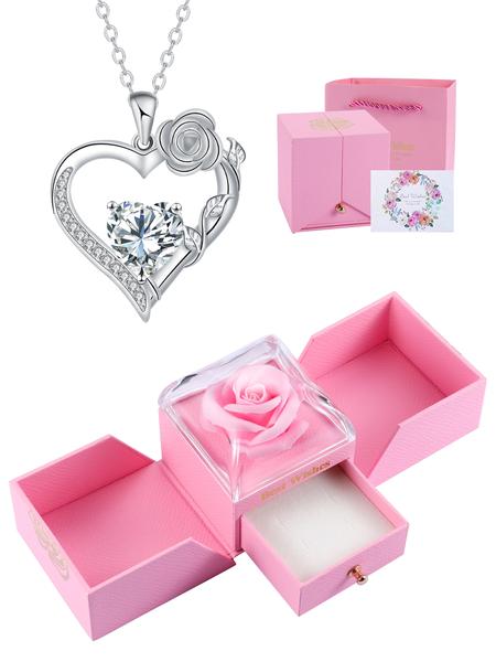 Rose Flower Heart Pendant Necklace With Rose Jewelry Gift Box, Exquisite Jewelry Gift, Anniversary Valentines Day Necklace Gift for Wife Girlfriend, Birthday Gifts for Mom Daughter