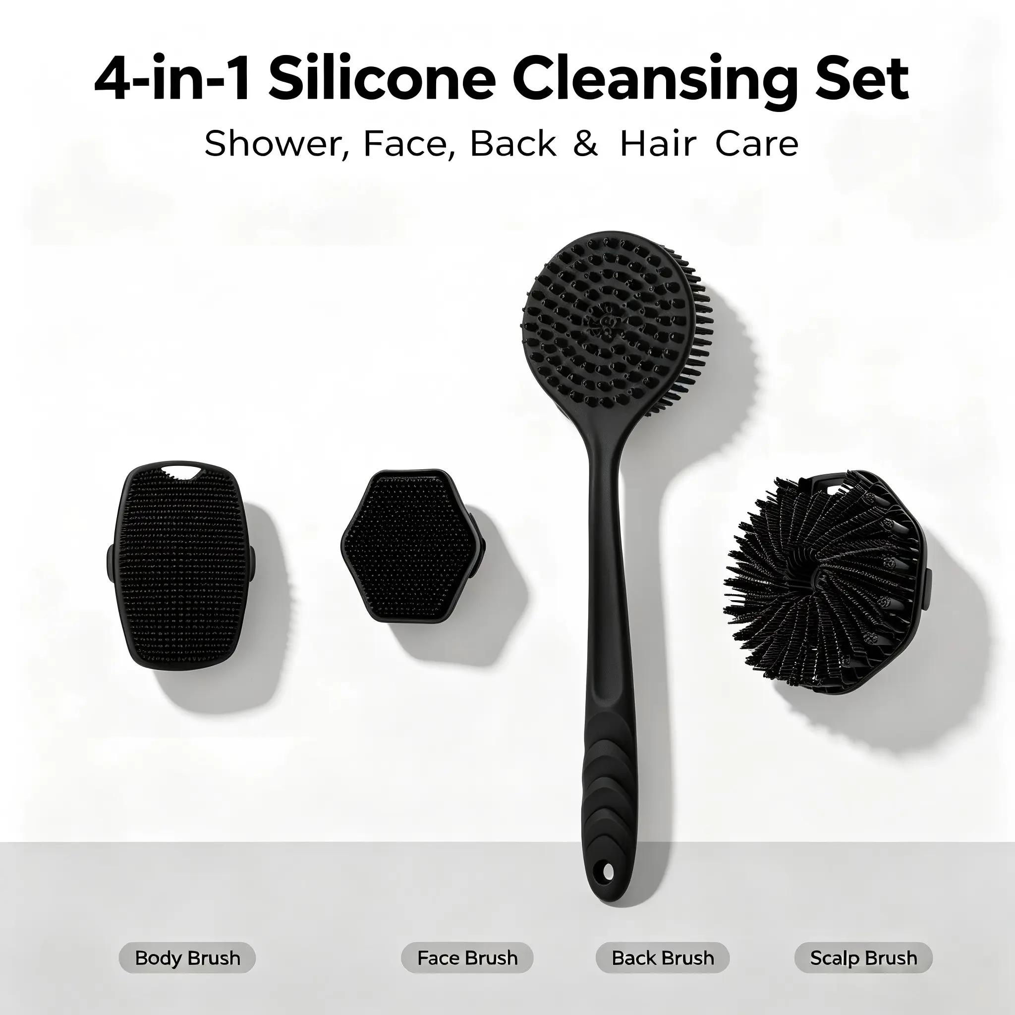 4-Piece Silicone Body Brush Set, Long Handle Bath Scrubber, Exfoliating Body Brush, Soft Face Wash Brush, Scalp Massager Hair Comb