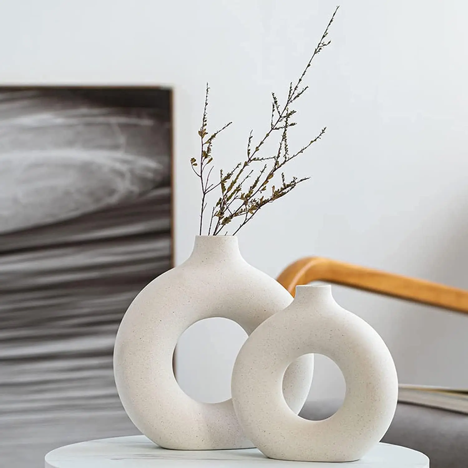 2-Pack Decorative Hollow White Matte Round Ceramic Vases - Boho Minimalist Nordic Modern Home Decor, Botanical Flower Arrangement Vases for Flower Display, Living Room Dinner Table (2 Pieces), Two Pieces