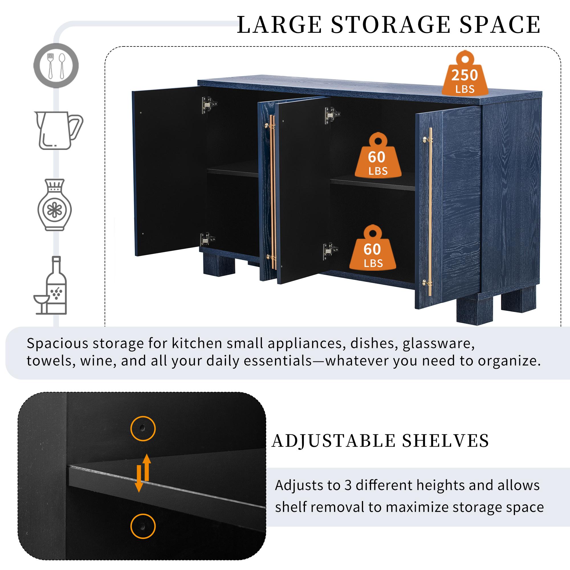 Modern Sideboard Cabinet 60-Inch Wood Console Storage Cabinet Credenza Dining Buffet Table with 4 Doors and Adjustable Shelves for Living Room Entryway, Navy Blue