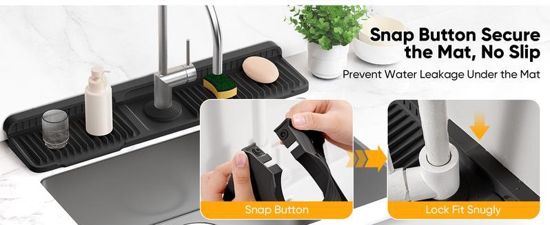 Kitchen Sink Faucet Mat, Silicone Folding Splash Guard, Draining Mat with Button Lock, Sink Faucet Protector, Sink Accessories for Kitchen