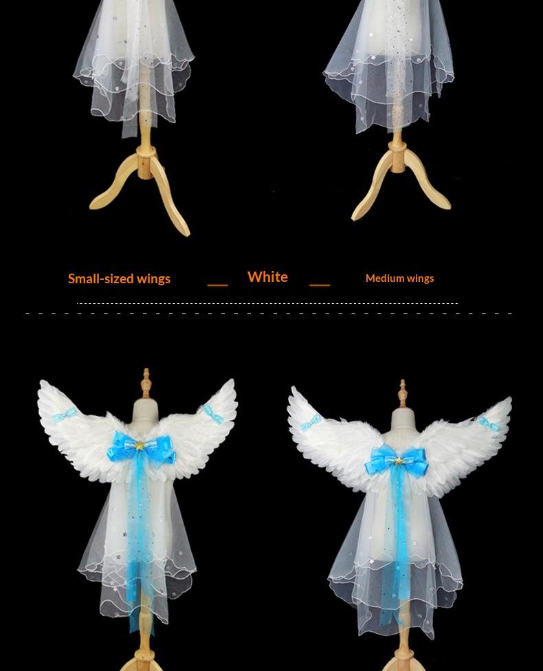 Angel Feather Wings Props for Christmas & Halloween Performance Costume Stage Princess Back Decoration White & Blue Bow