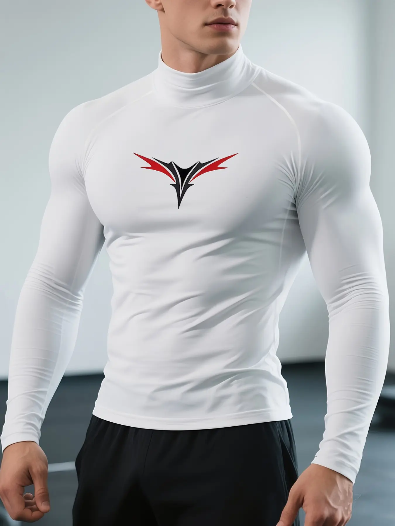 1Pc Men's Quick Dry Muscle Fit Compression Shirt,High Stretch Mock Neck Activewear with Bold Symmetrical Wing Logo, Quick Dry Fitness Shirt for Gym Running, Gym Bodybuilding Training.