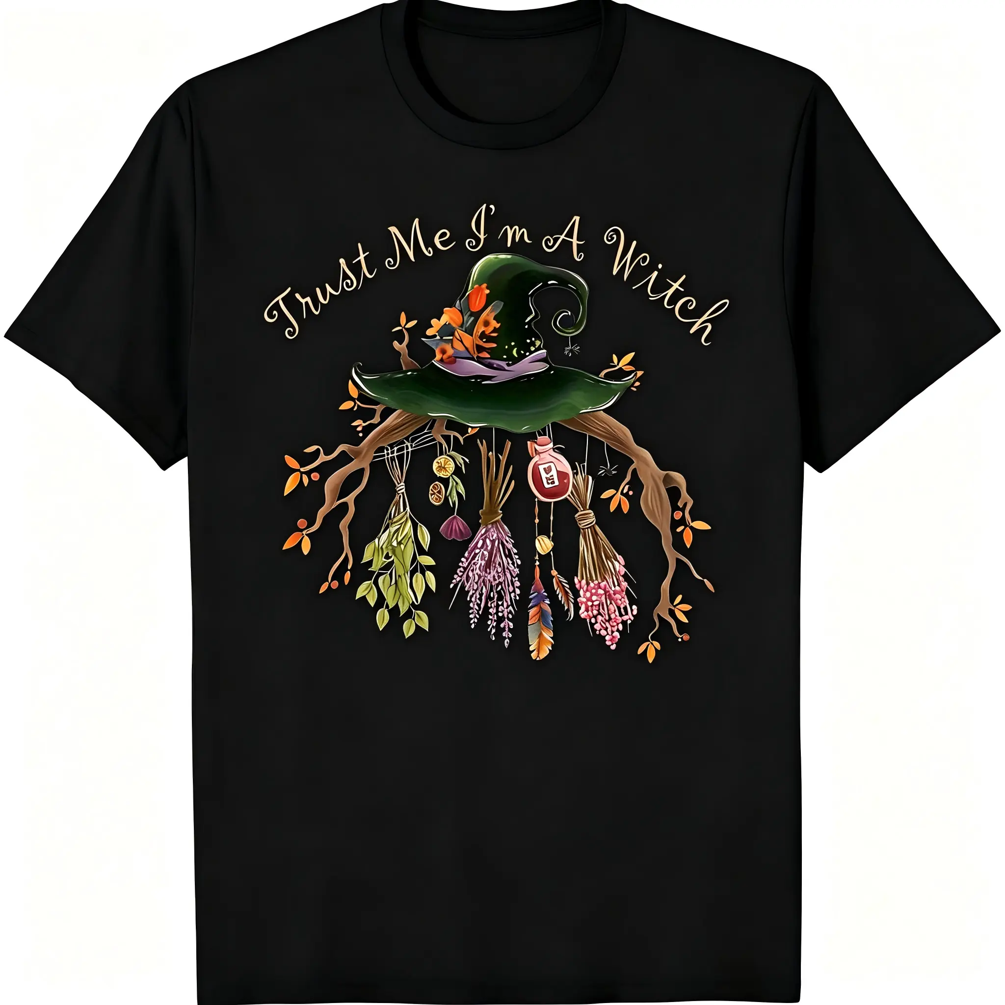"Trust Me I'm A Witch" Green Witch Hat Herbal Unisex T-Shirt for Men & Women - Cottagecore Witchy Fall Design, Soft Cotton Crew Neck Short Sleeve, Comfortable All-Season Tee, Perfect for Everyday Casual & Halloween Style, Machine Washable
