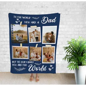 Custom To The World You Are A Dad 6 Photo Flannel Blanket, Personalized Navy Family Father's Day Soft Throw, Cozy Warm Sentimental Gift for Him Daddy Grandpa, Memory Home Decor for Couch Sofa Bed, AC Room Summer Blanket, Birthday Keepsake