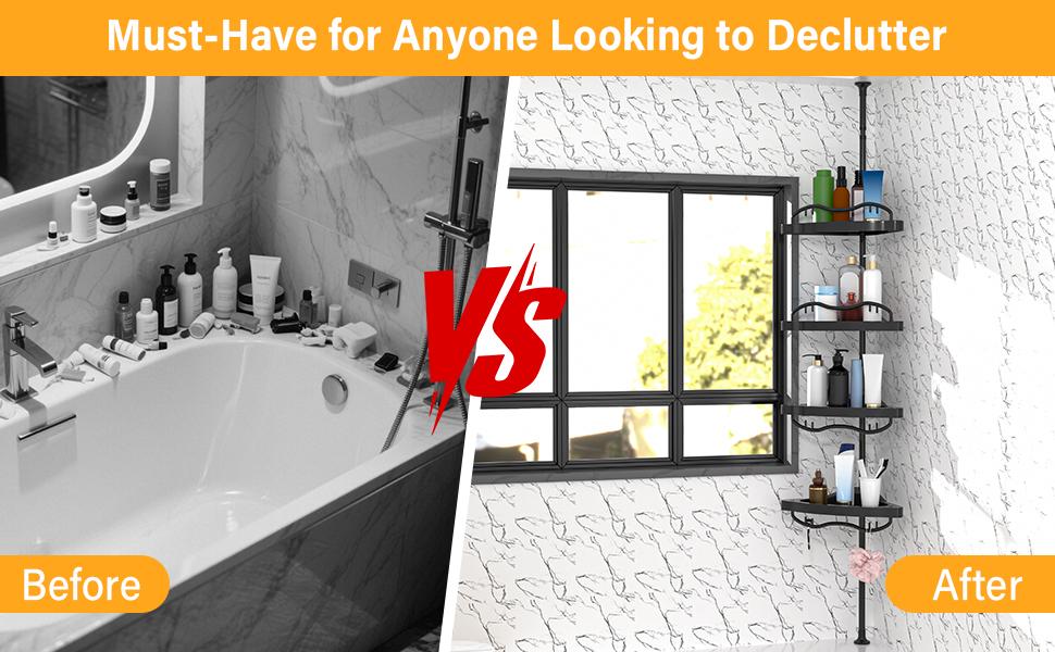 AGS Black Corner Shower Caddy Tension Pole - Heavy Duty Rustproof Stainless Steel Shower Organizer with 4 Adjustable Shelves, No-Drill Free Standing for Bathroom, Bathtub, RV,54" to 114" Tall